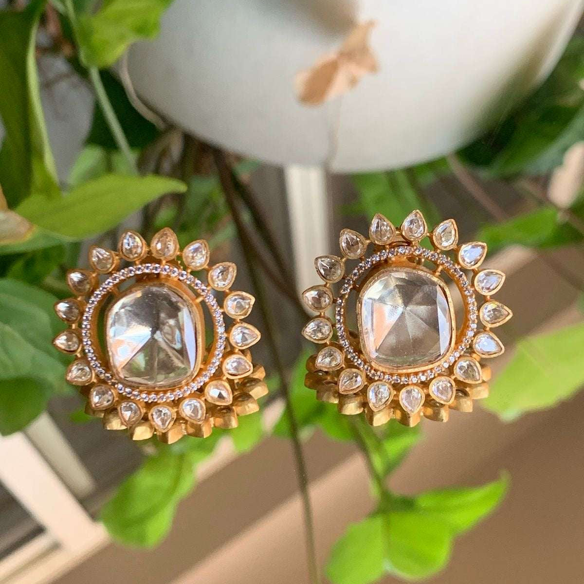 Earrings With Moissanite Polki studs (screw back and clip)